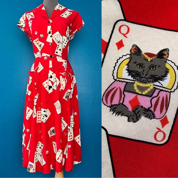Collectif Dresses & Skirts - Collectif Red Liza Cat Croupier 40s Swing Dress - Retro Royal Playing Cards UK 6